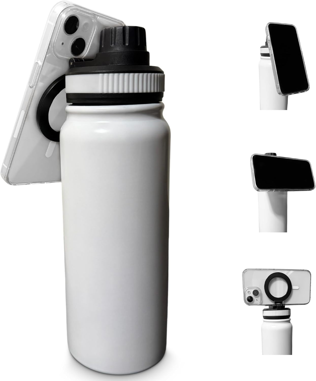 24 Oz Water Bottle Compatible with Magsafe Phone Mount for Iphone, Magnetic Phone Holder - Insulated Stainless Steel - for Gym, Kitchen, Outdoor - Stays Cold Sports Water Bottle - White