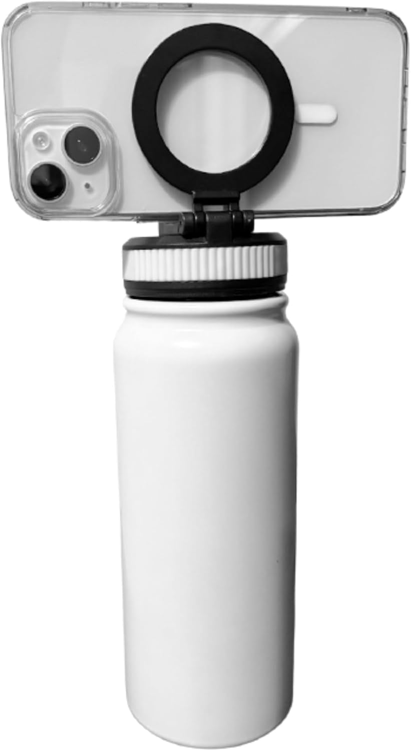 24 Oz Water Bottle Compatible with Magsafe Phone Mount for Iphone, Magnetic Phone Holder - Insulated Stainless Steel - for Gym, Kitchen, Outdoor - Stays Cold Sports Water Bottle - White